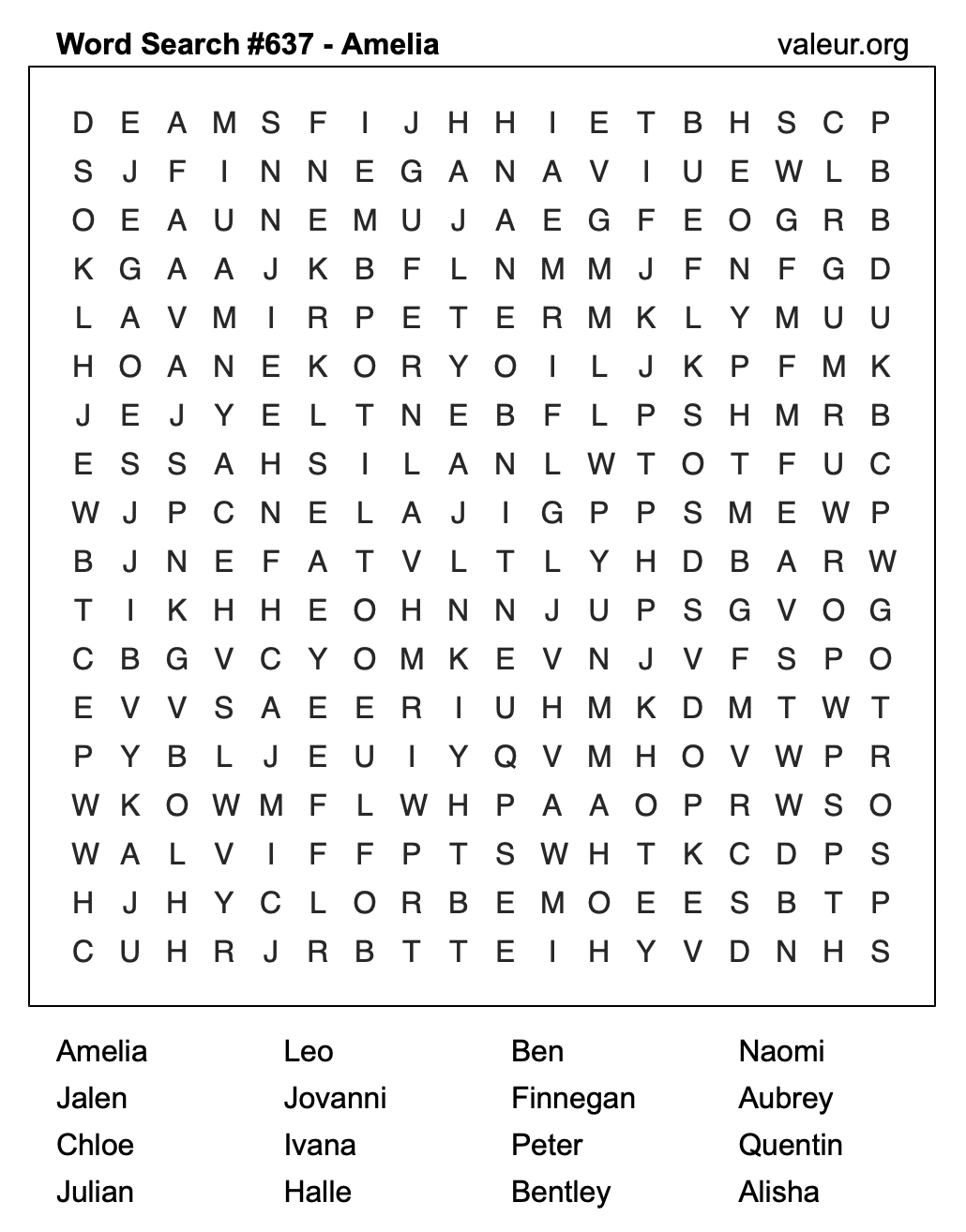 Word Search Puzzle with the name Amelia #637