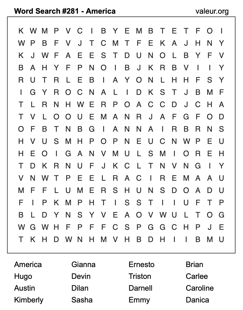 Word Search Puzzle with the name America #281