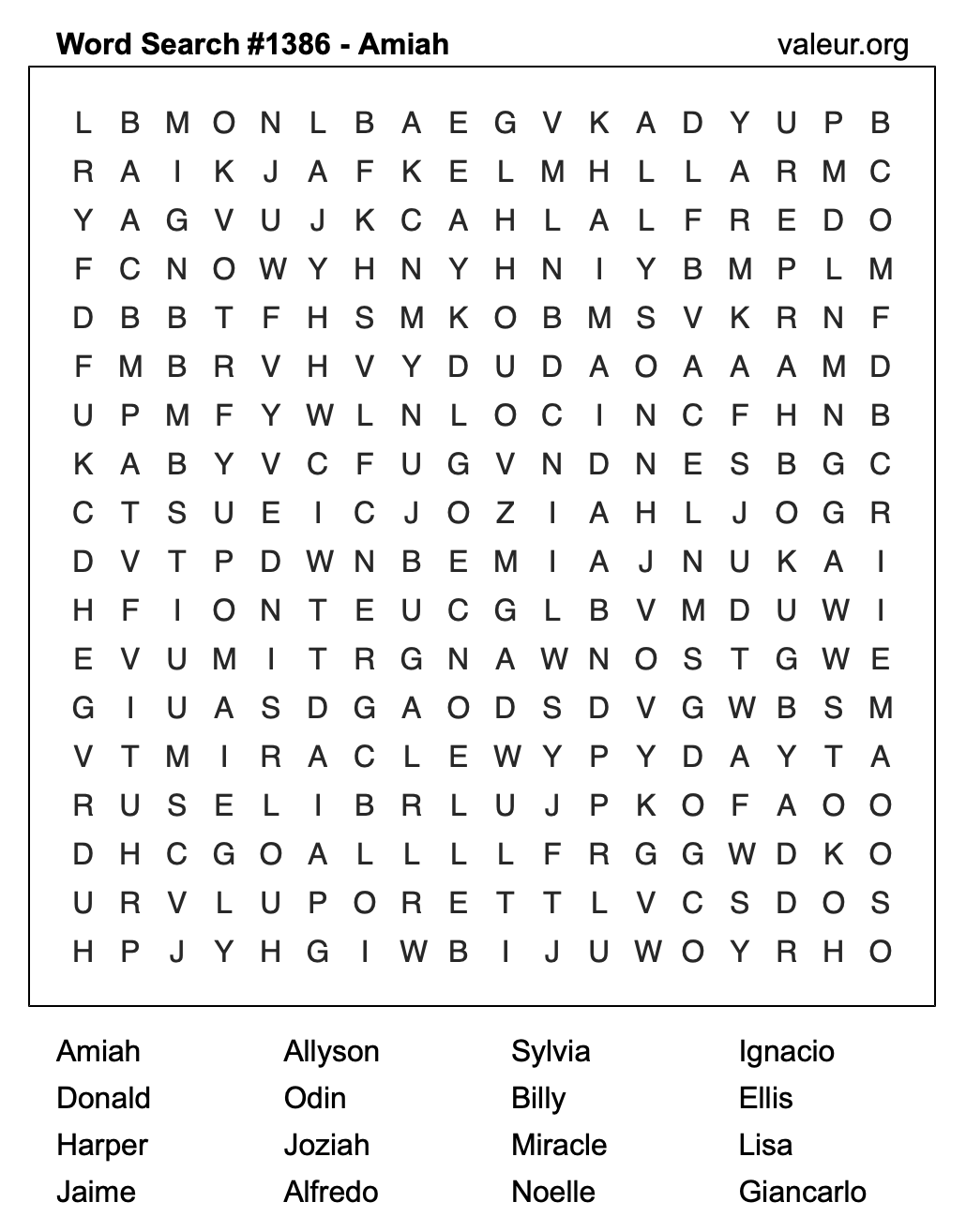 Word Search Puzzle with the name Amiah #1386