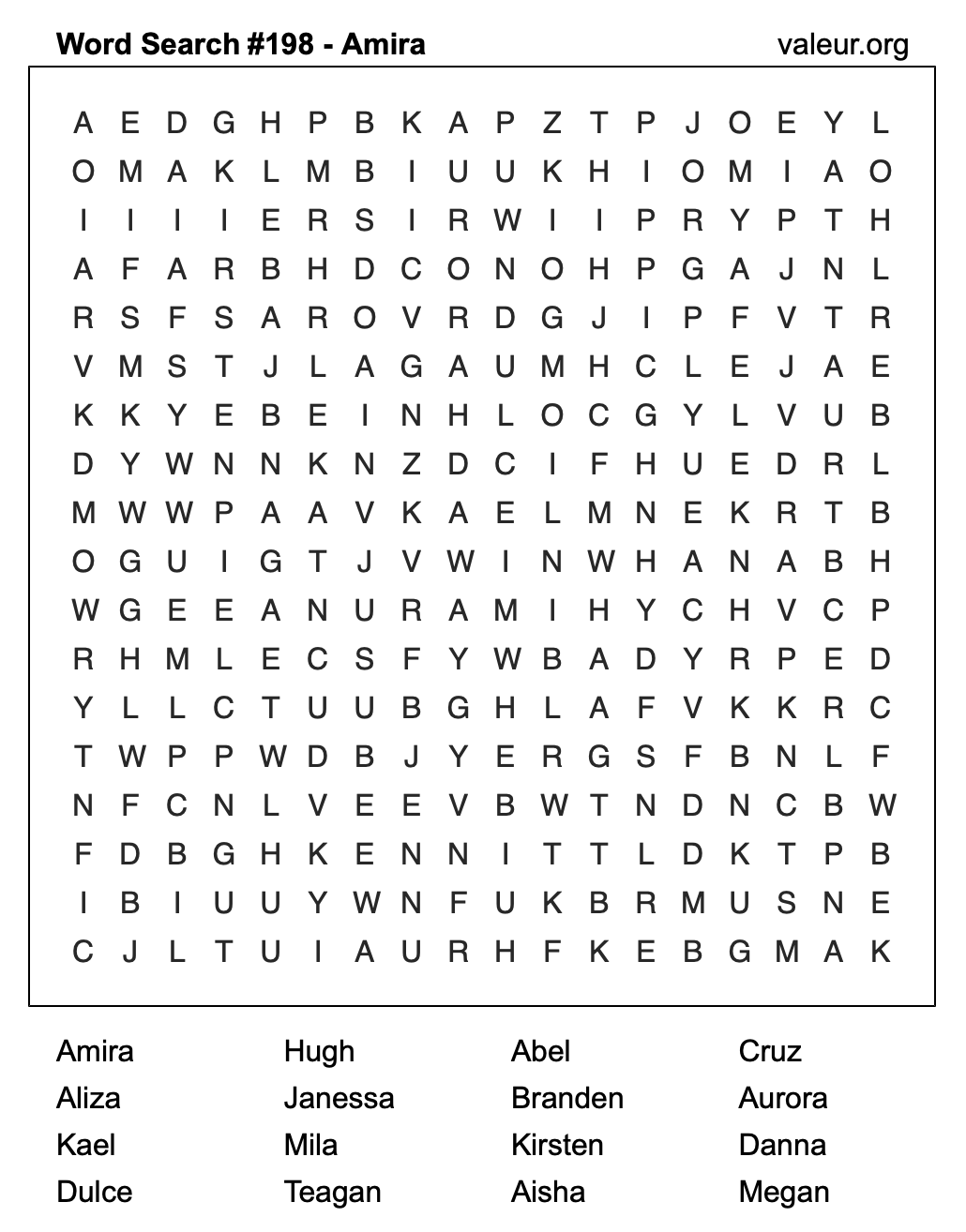 Word Search Puzzle with the name Amira #198 Word Search Puzzle with the name Amira #198