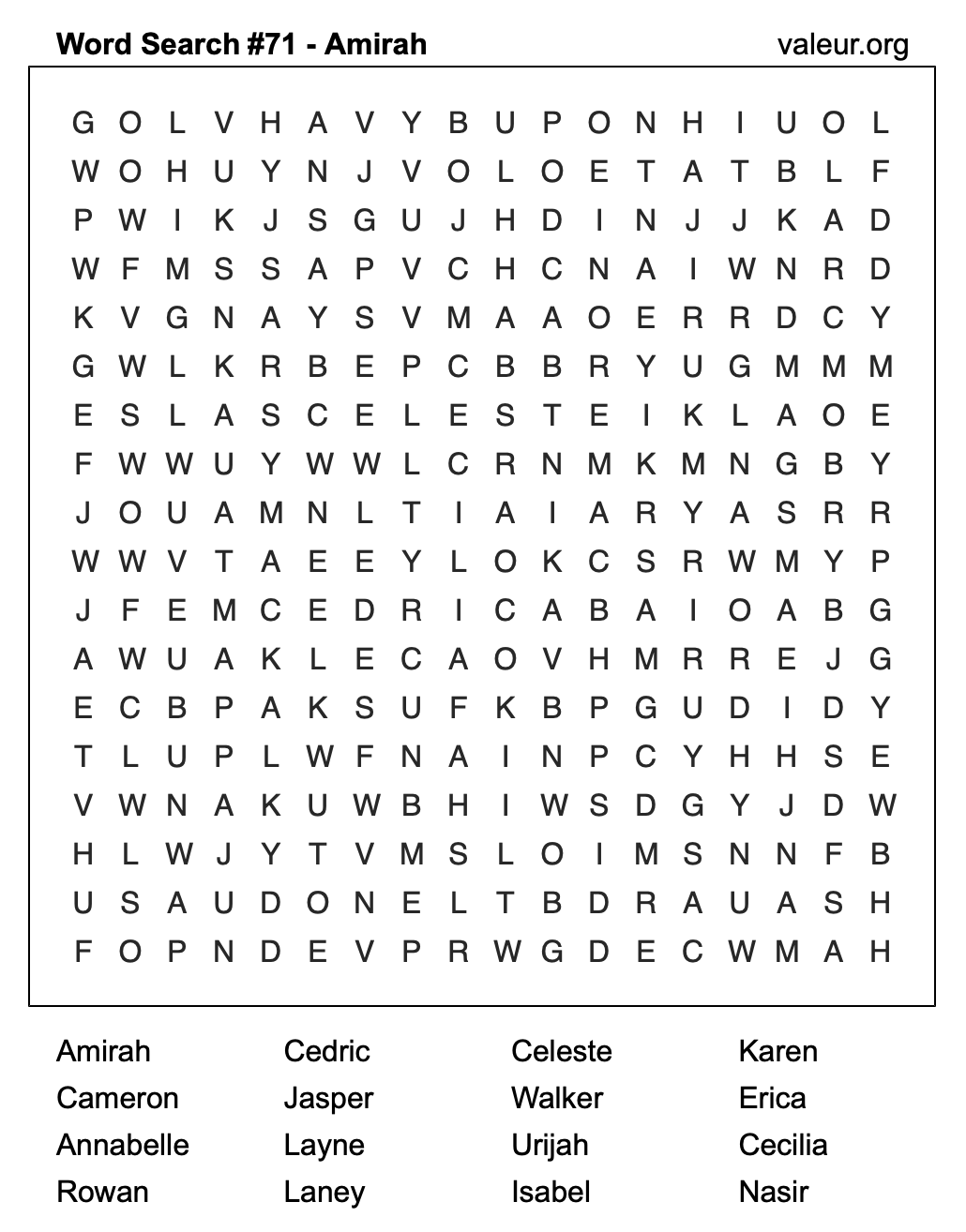 Word Search Puzzle with the name Amirah #71 Word Search Puzzle with the name Amirah #71