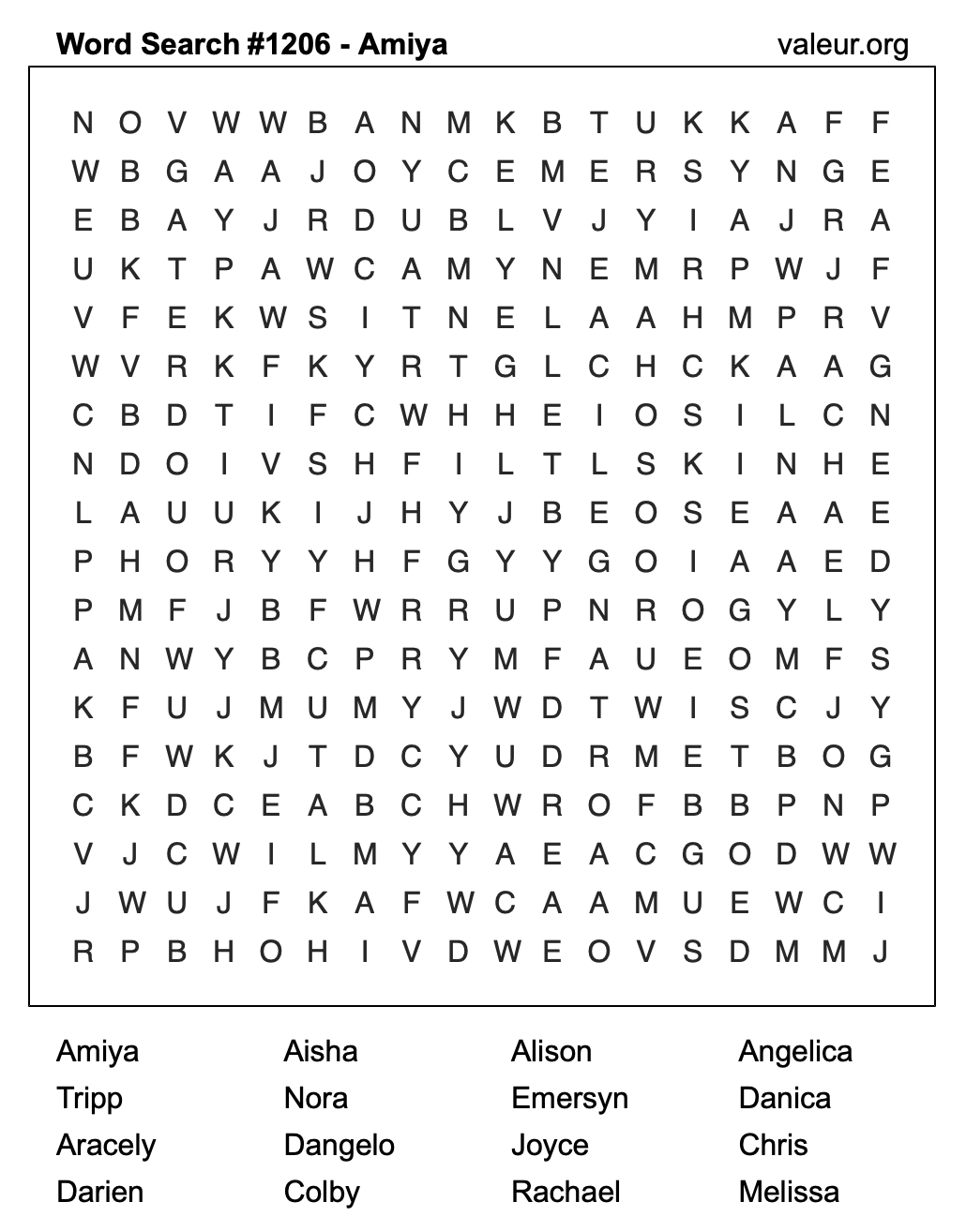 Word Search Puzzle with the name Amiya #1206