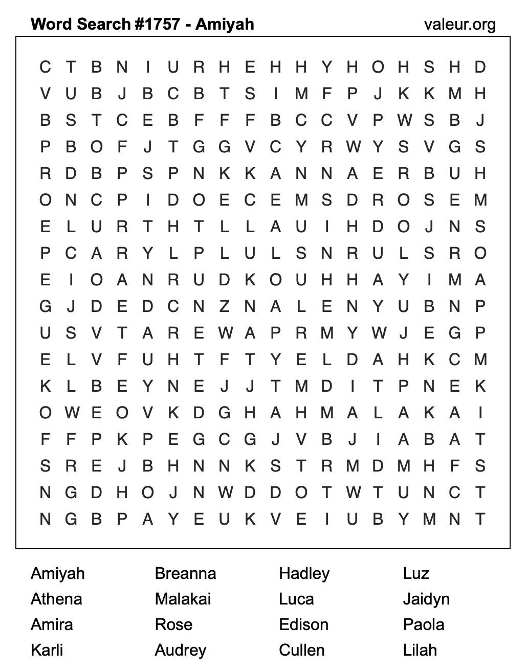 Word Search Puzzle with the name Amiyah #1757