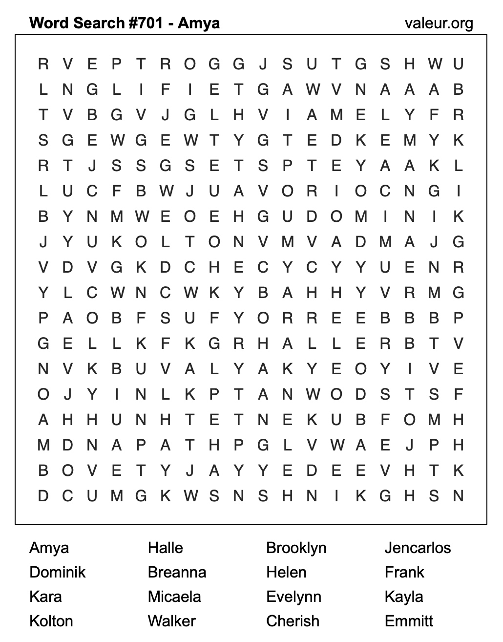 Word Search Puzzle with the name Amya #701 Word Search Puzzle with the name Amya #701