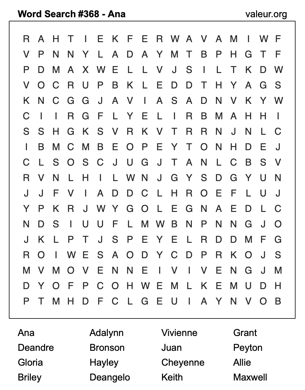 Word Search Puzzle with the name Ana #368 Word Search Puzzle with the name Ana #368
