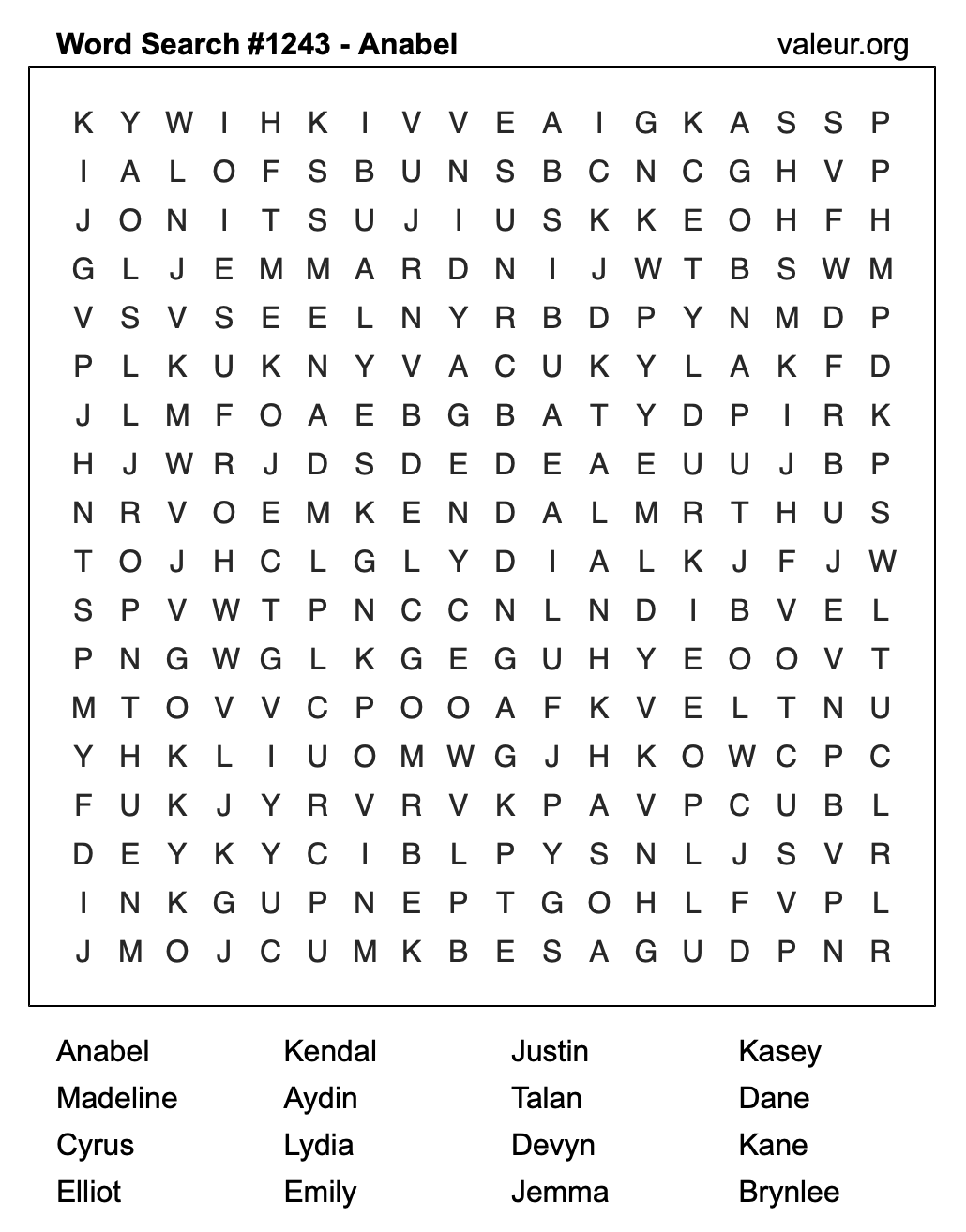 Word Search Puzzle with the name Anabel #1243 Word Search Puzzle with the name Anabel #1243