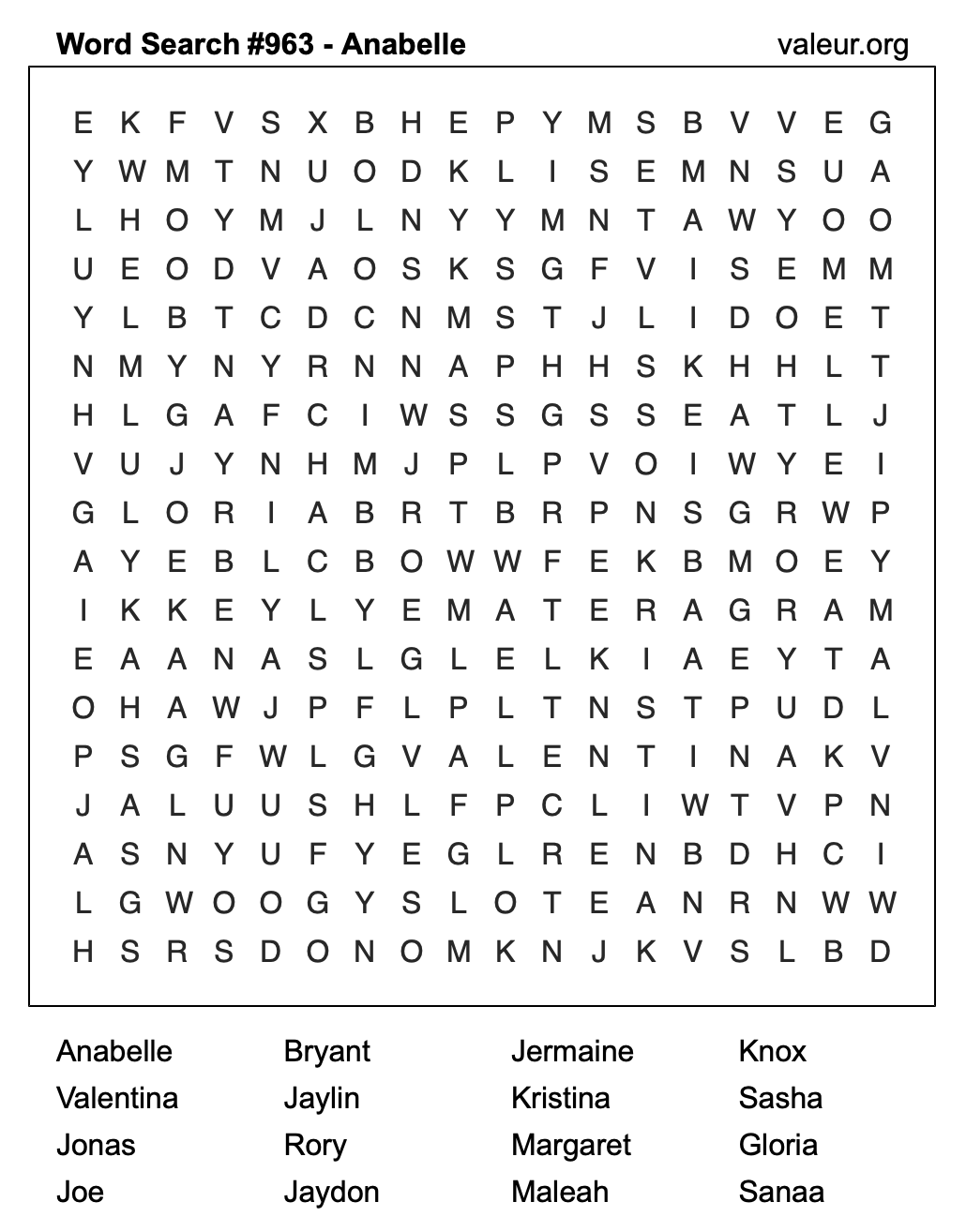 Word Search Puzzle with the name Anabelle #963 Word Search Puzzle with the name Anabelle #963