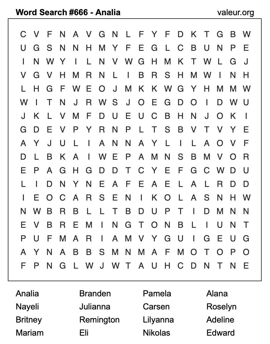 Word Search Puzzle with the name Analia #666