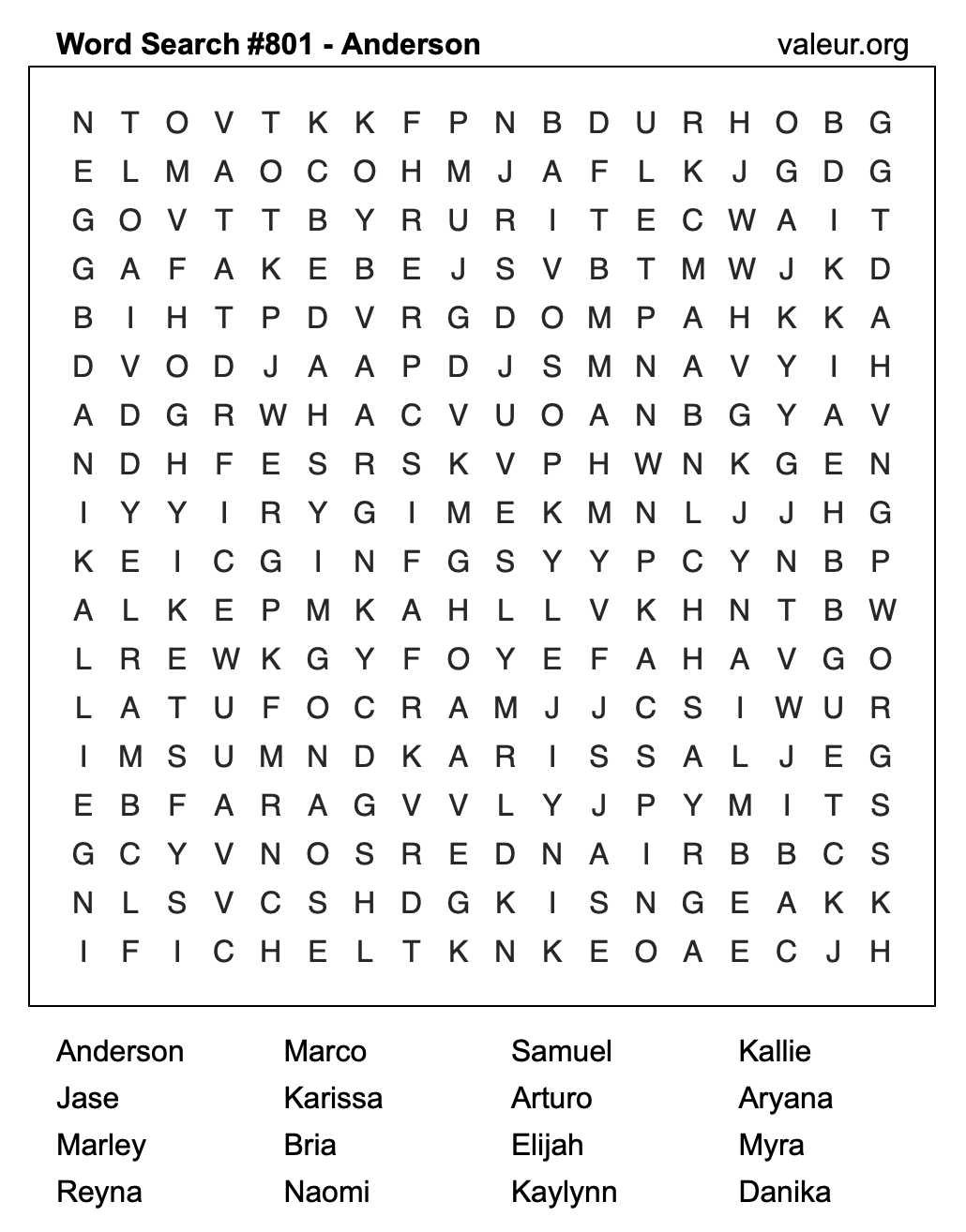 Word Search Puzzle with the name Anderson #801
