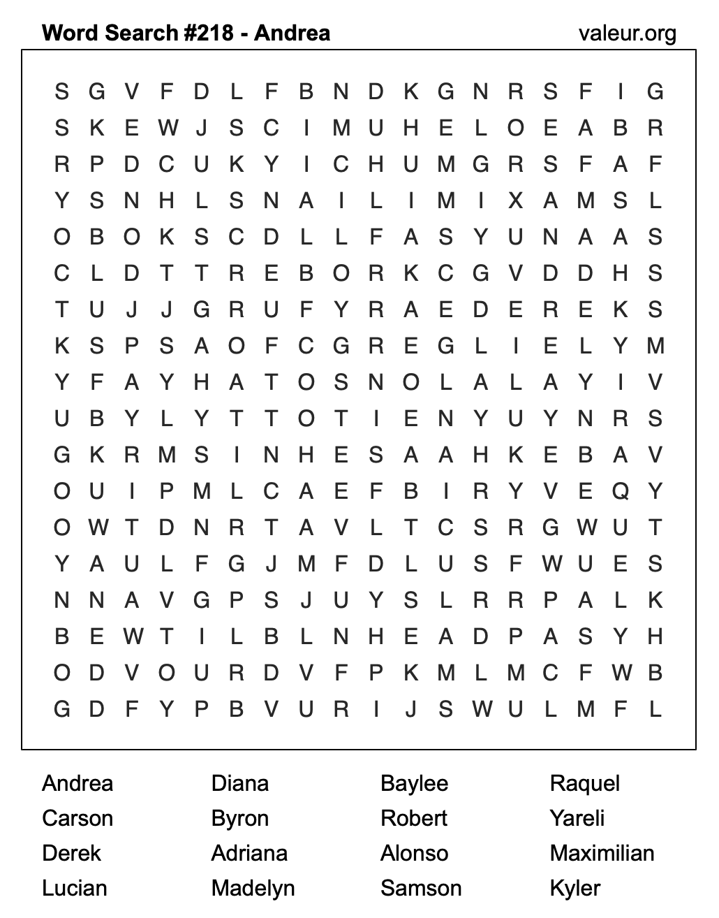 Word Search Puzzle with the name Andrea #218