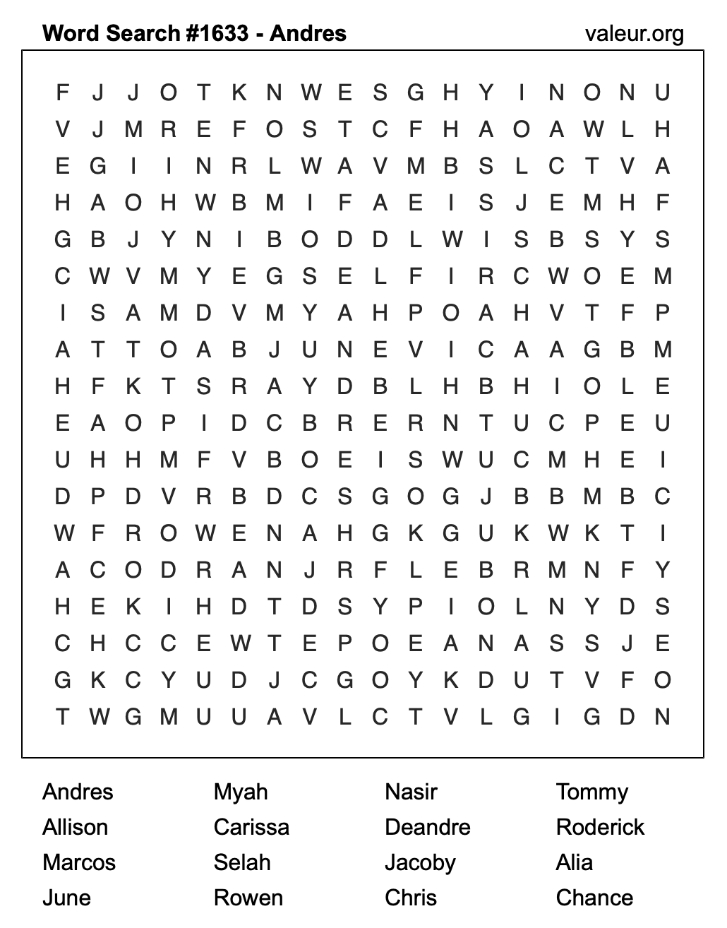 Word Search Puzzle with the name Andres #1633