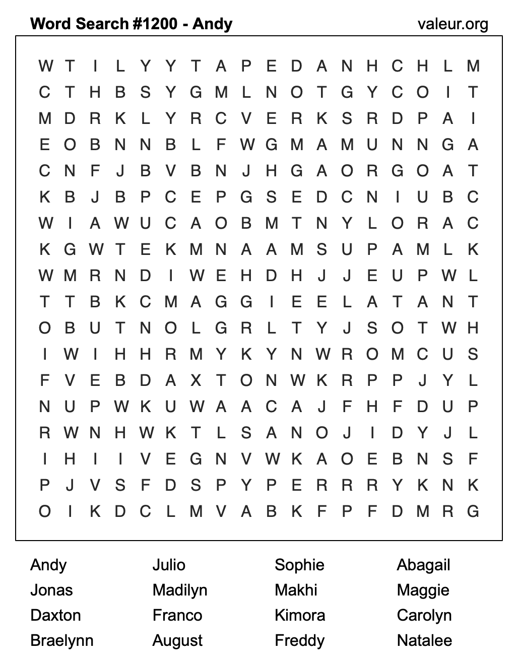 Word Search Puzzle with the name Andy #1200