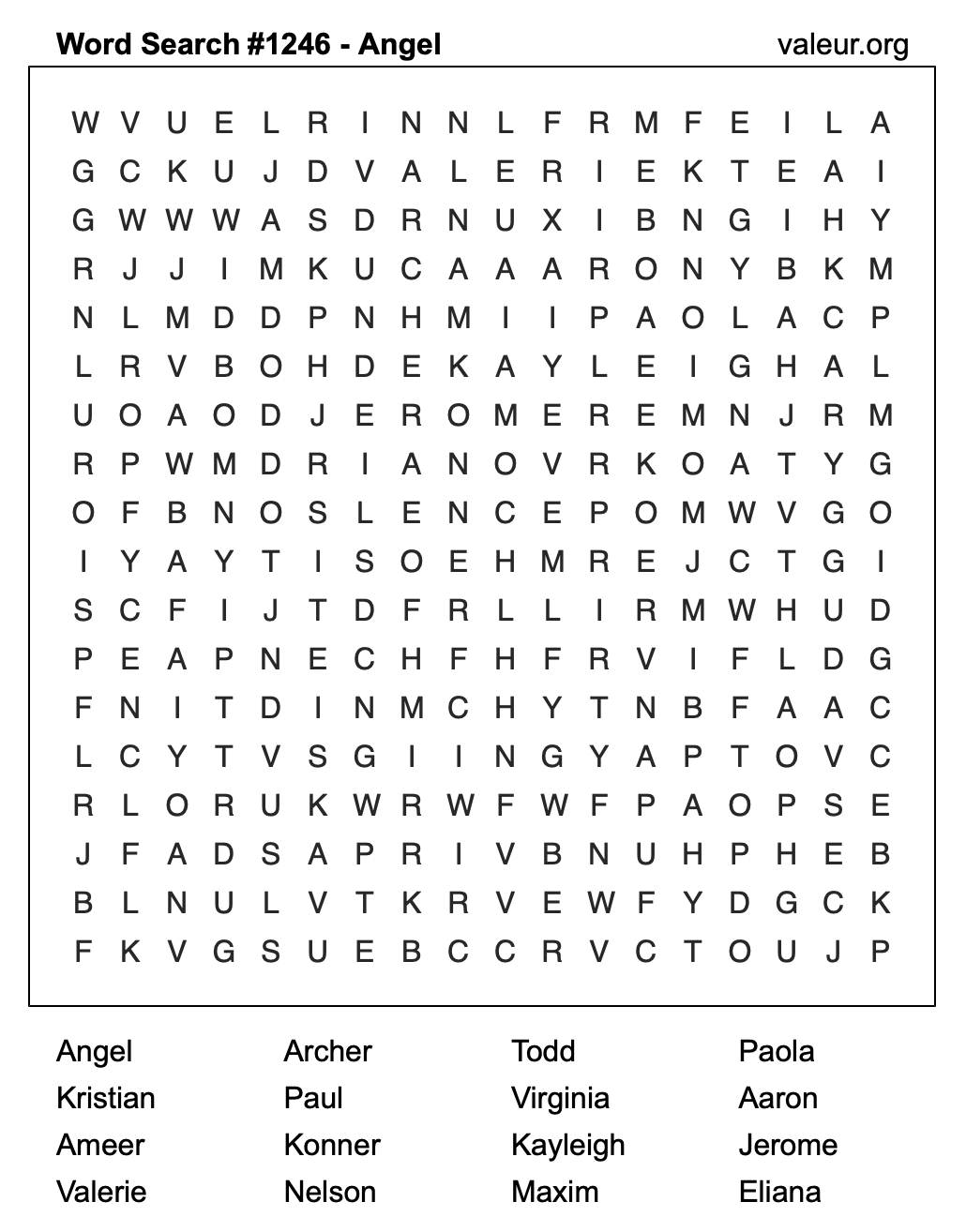 Word Search Puzzle with the name Angel #1246