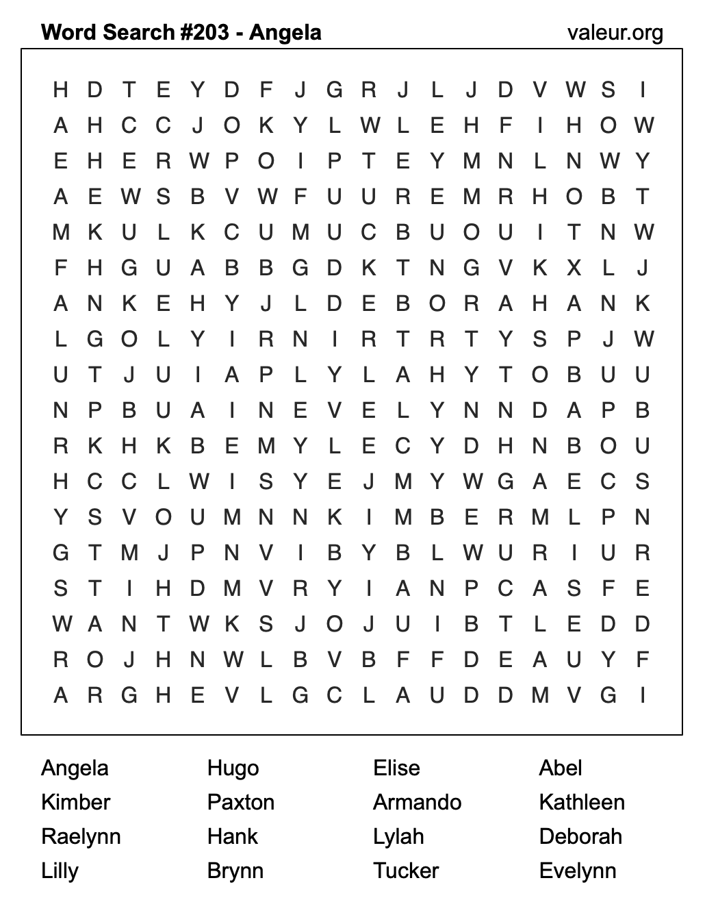 Word Search Puzzle with the name Angela #203 Word Search Puzzle with the name Angela #203