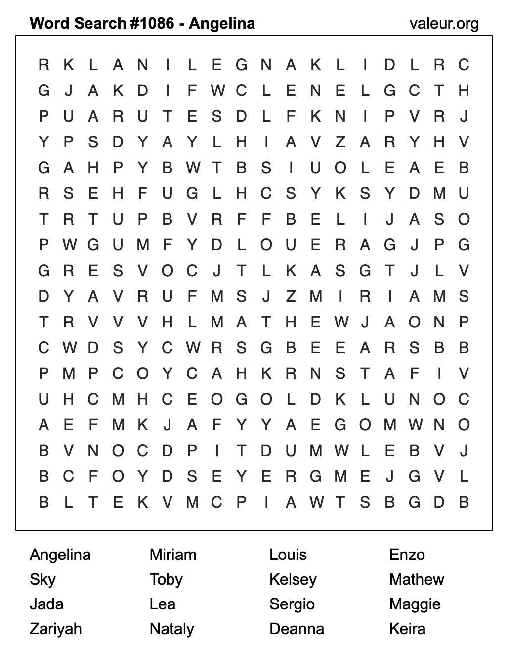 Word Search Puzzle with the name Angelina #1086