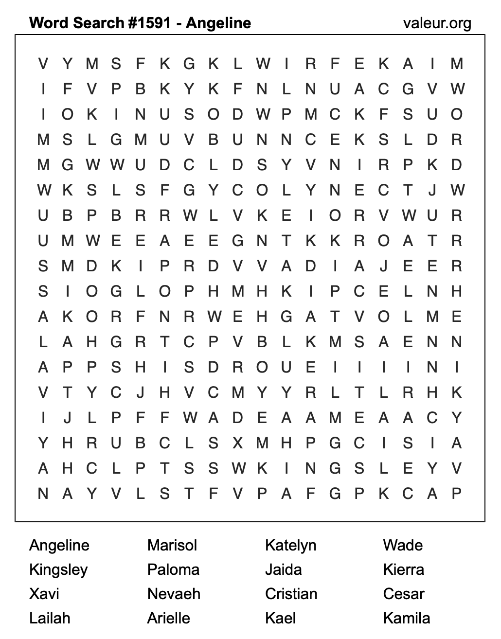Word Search Puzzle with the name Angeline #1591