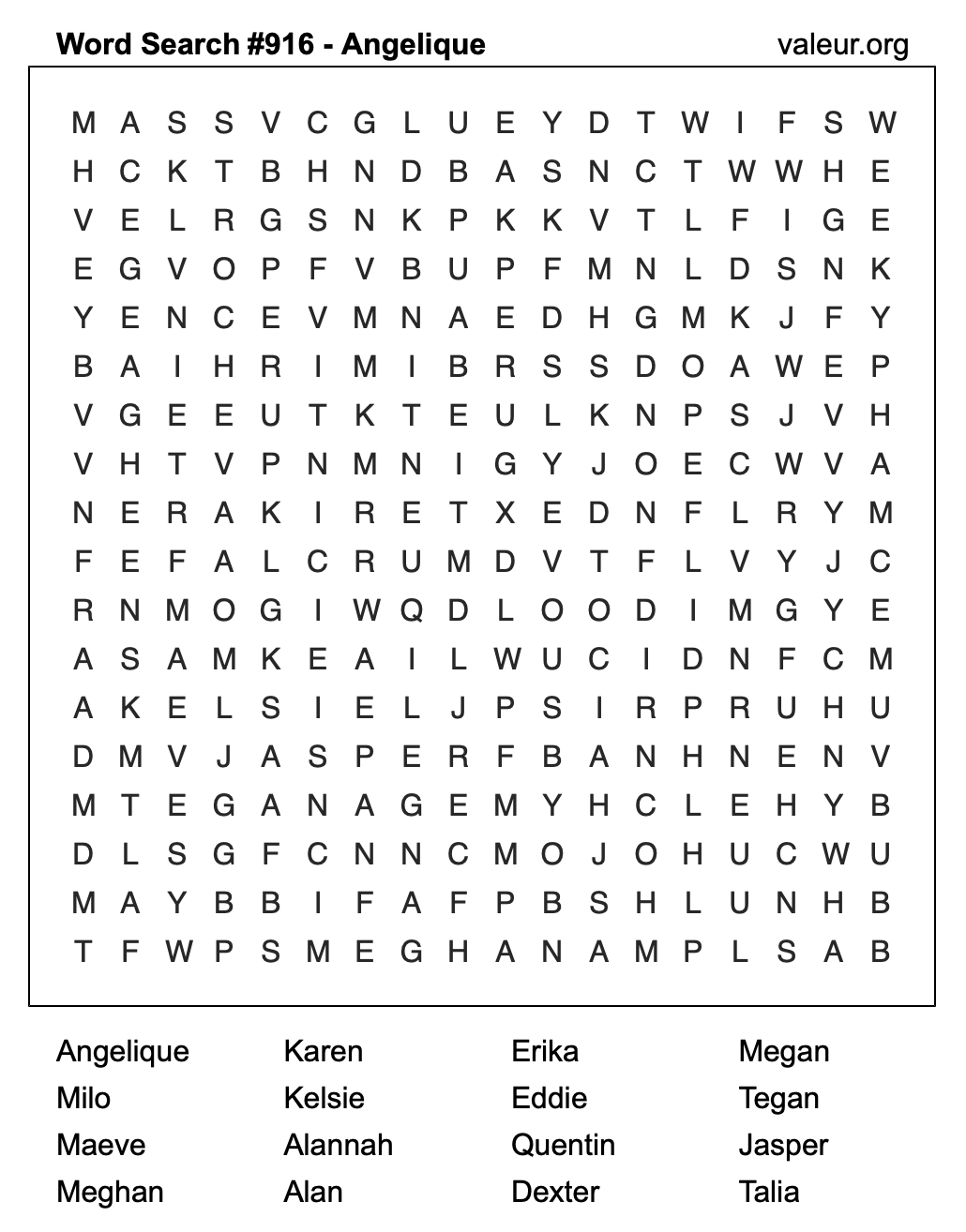 Word Search Puzzle with the name Angelique #916