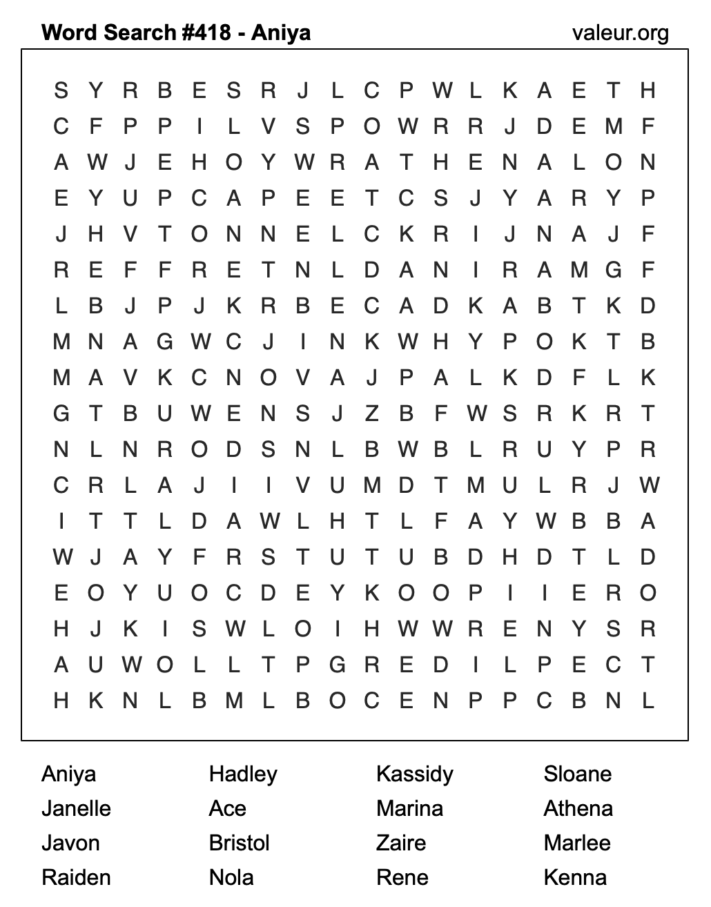 Word Search Puzzle with the name Aniya #418 Word Search Puzzle with the name Aniya #418