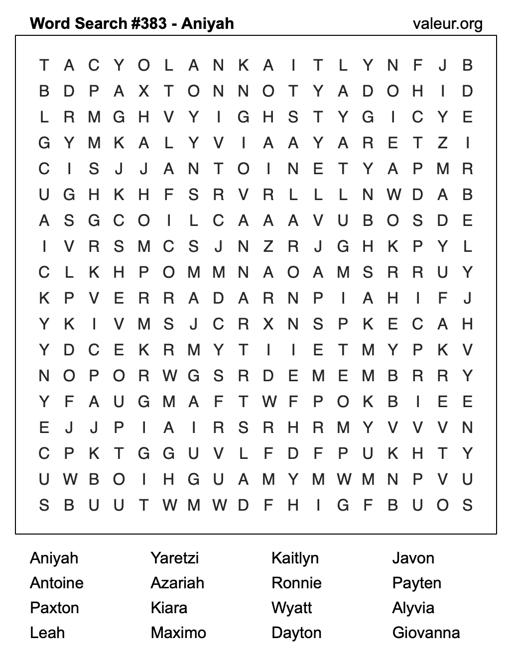 Word Search Puzzle with the name Aniyah #383 Word Search Puzzle with the name Aniyah #383