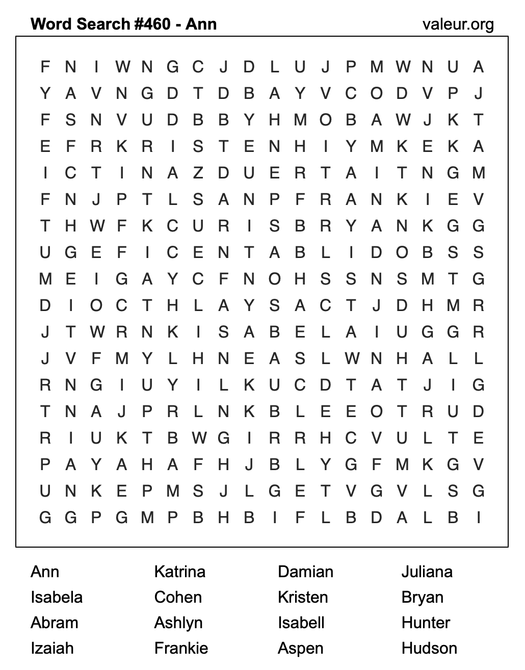 Word Search Puzzle with the name Ann #460 Word Search Puzzle with the name Ann #460