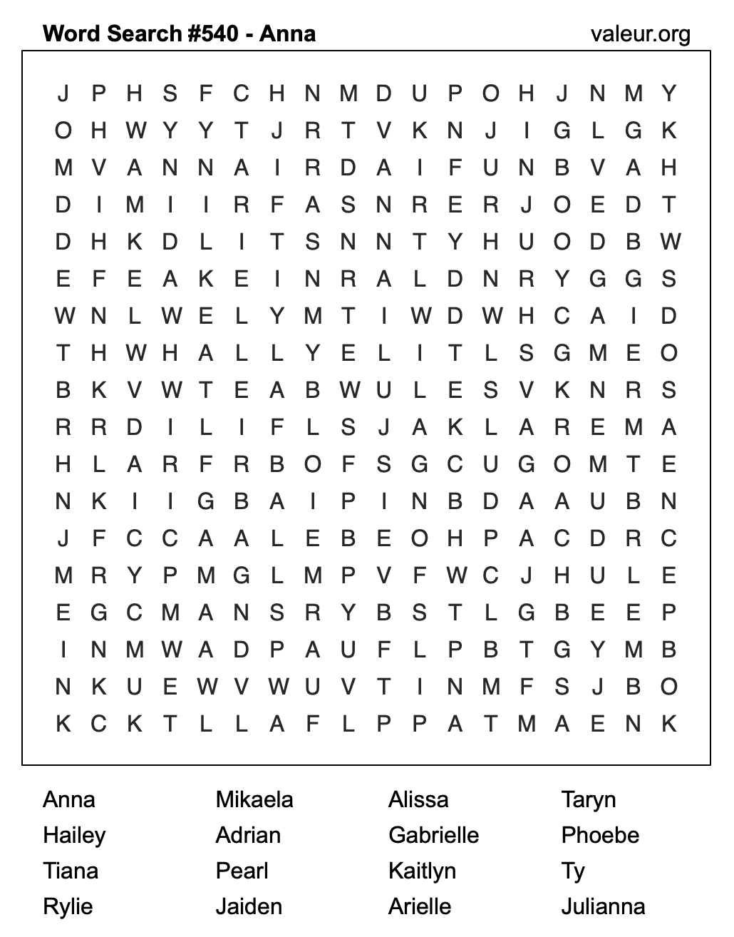 Word Search Puzzle with the name Anna #540