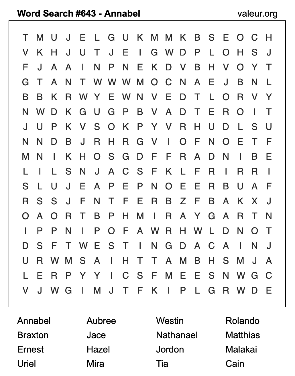 Word Search Puzzle with the name Annabel #643 Word Search Puzzle with the name Annabel #643