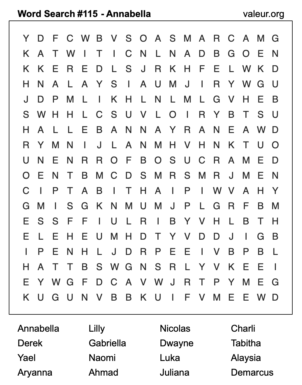 Word Search Puzzle with the name Annabella #115