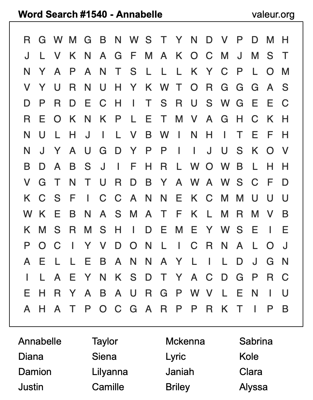Word Search Puzzle with the name Annabelle #1540 Word Search Puzzle with the name Annabelle #1540