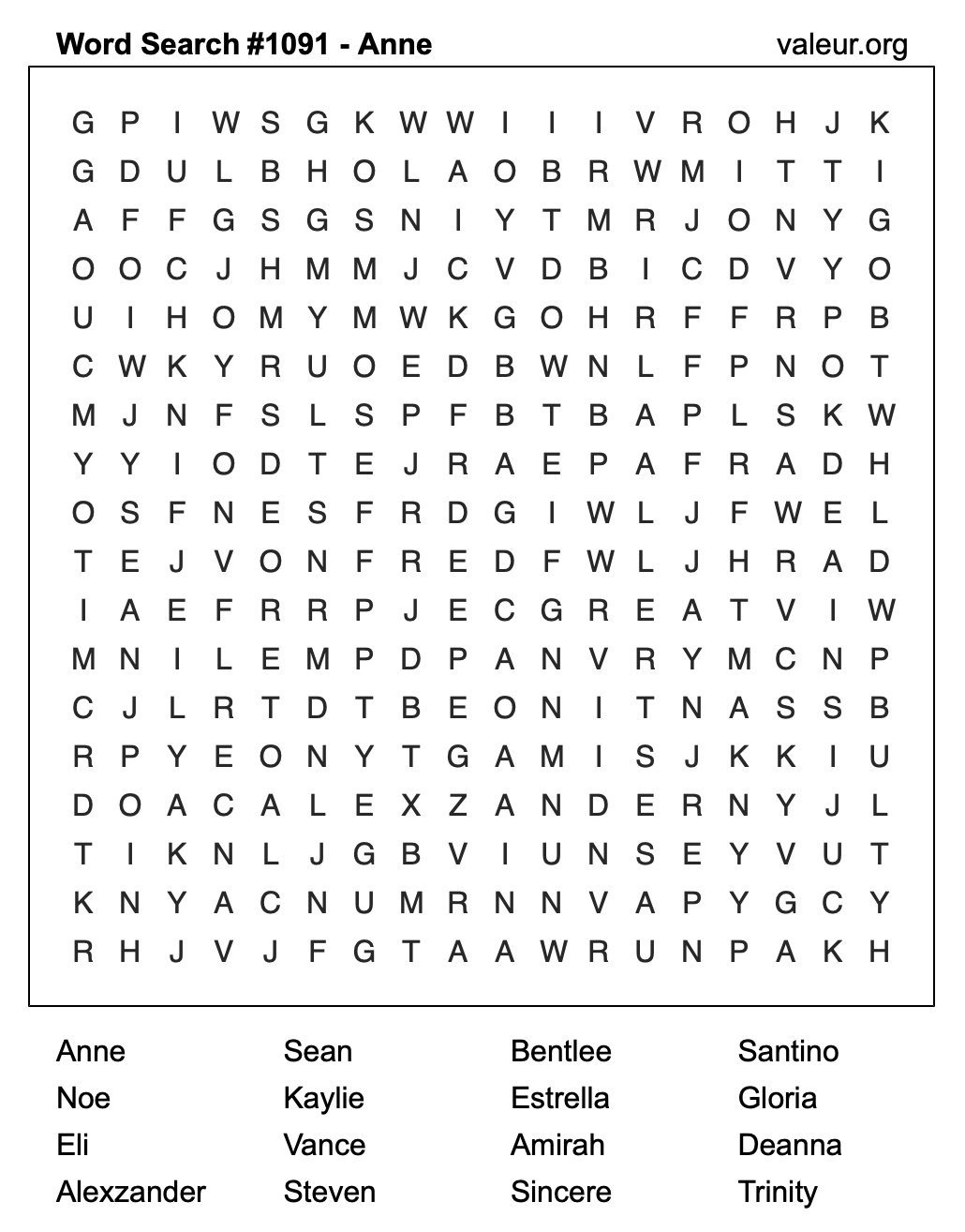 Word Search Puzzle with the name Anne #1091
