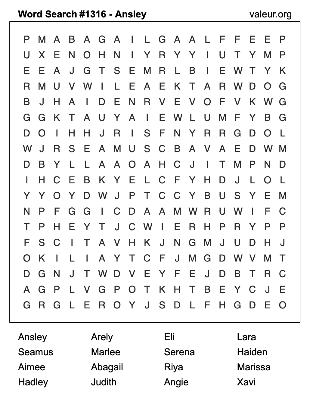 Word Search Puzzle with the name Ansley #1316