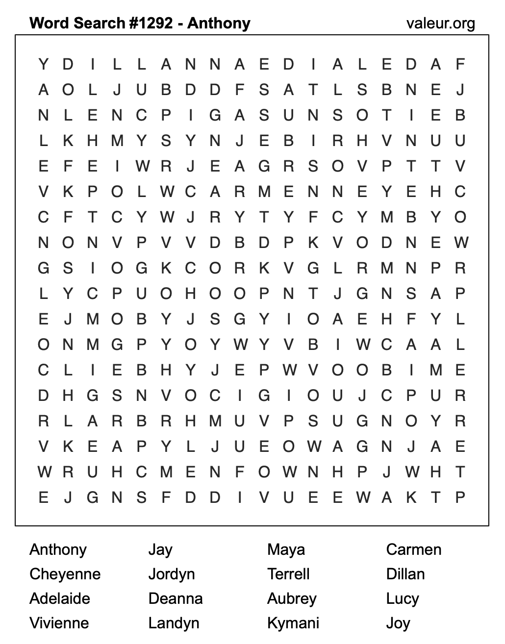 Word Search Puzzle with the name Anthony #1292 Word Search Puzzle with the name Anthony #1292