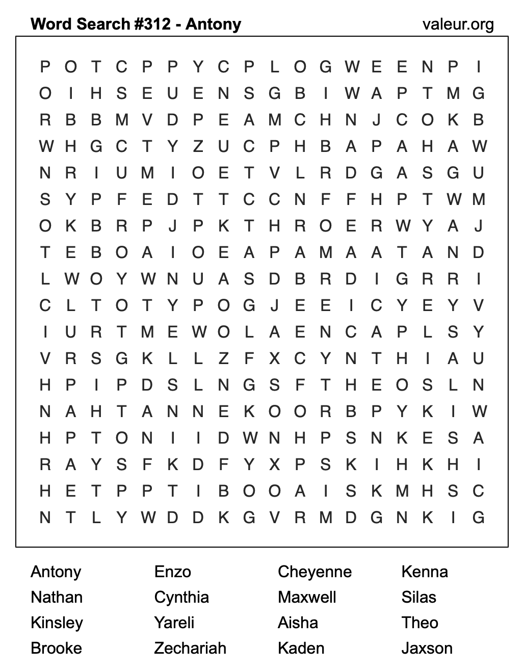 Word Search Puzzle with the name Antony #312