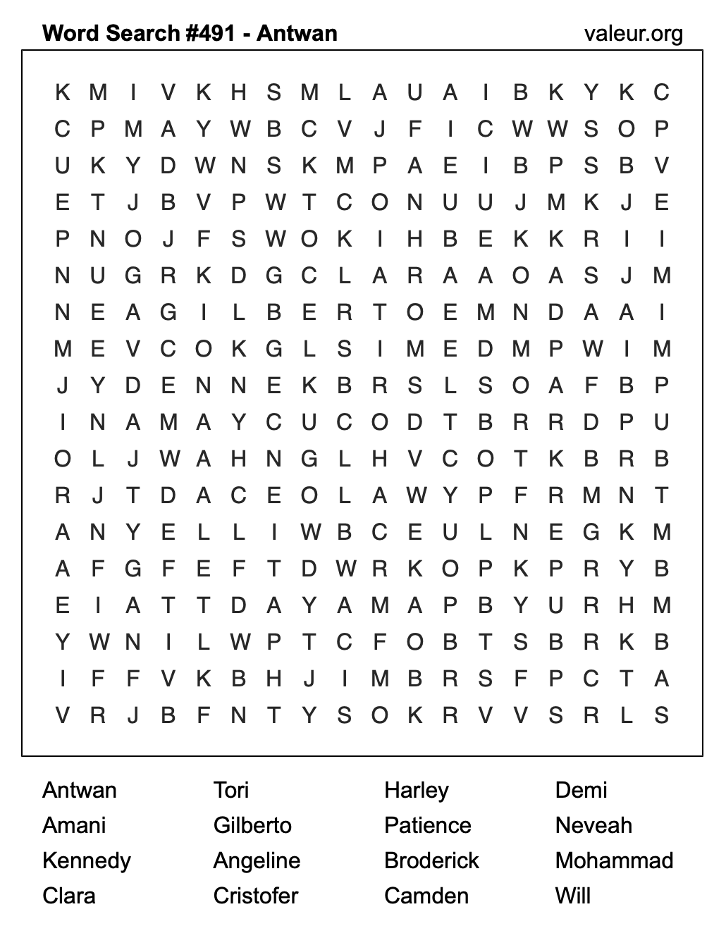 Word Search Puzzle with the name Antwan #491