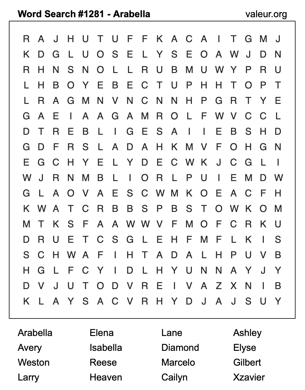Word Search Puzzle with the name Arabella #1281 Word Search Puzzle with the name Arabella #1281