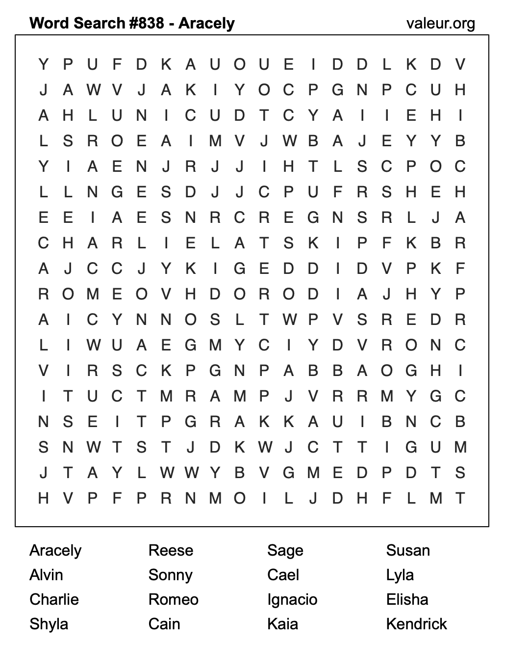 Word Search Puzzle with the name Aracely #838