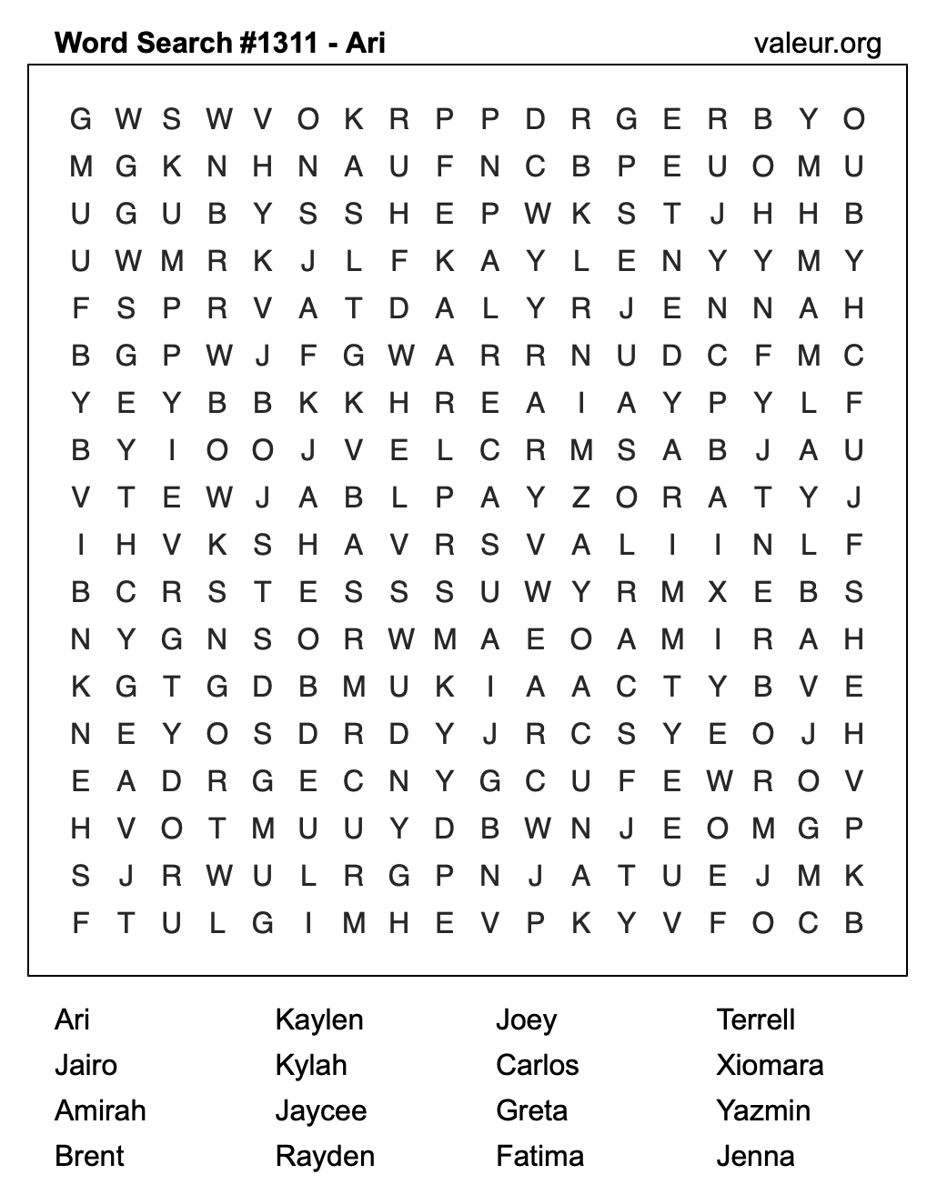 Word Search Puzzle with the name Ari #1311
