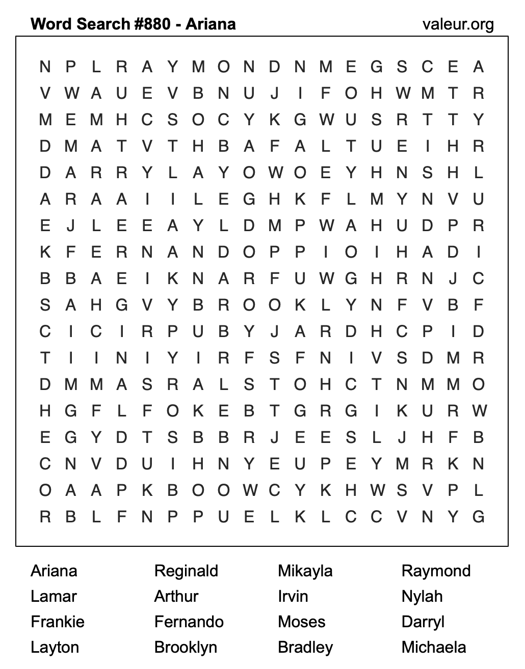 Word Search Puzzle with the name Ariana #880