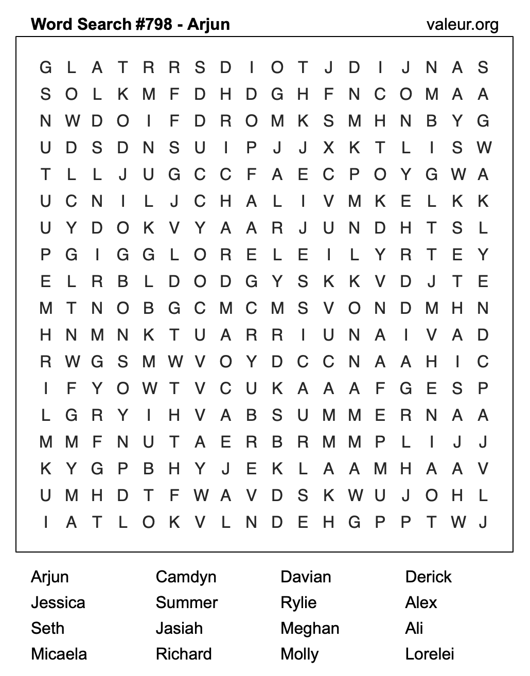 Word Search Puzzle with the name Arjun #798 Word Search Puzzle with the name Arjun #798