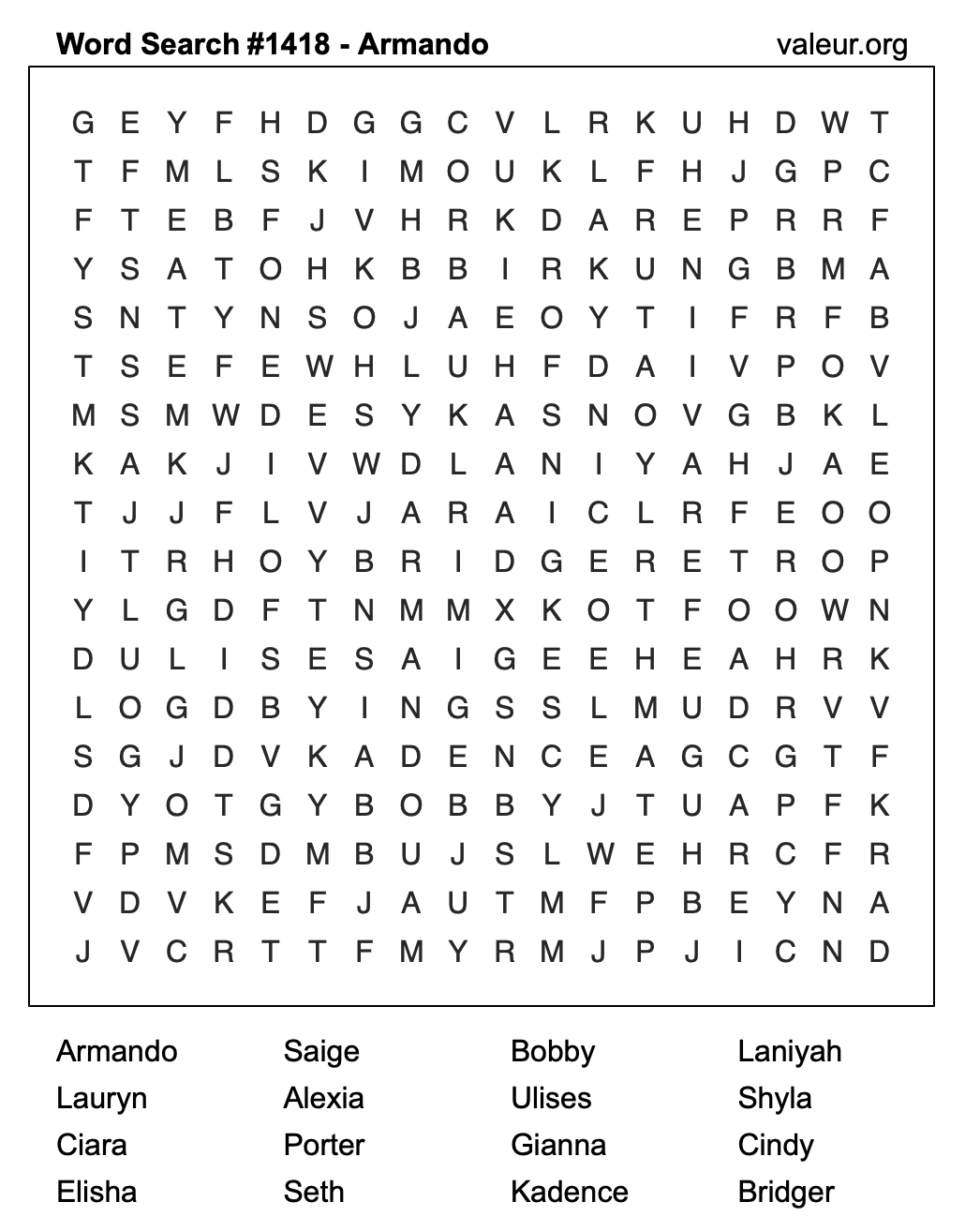 Word Search Puzzle with the name Armando #1418