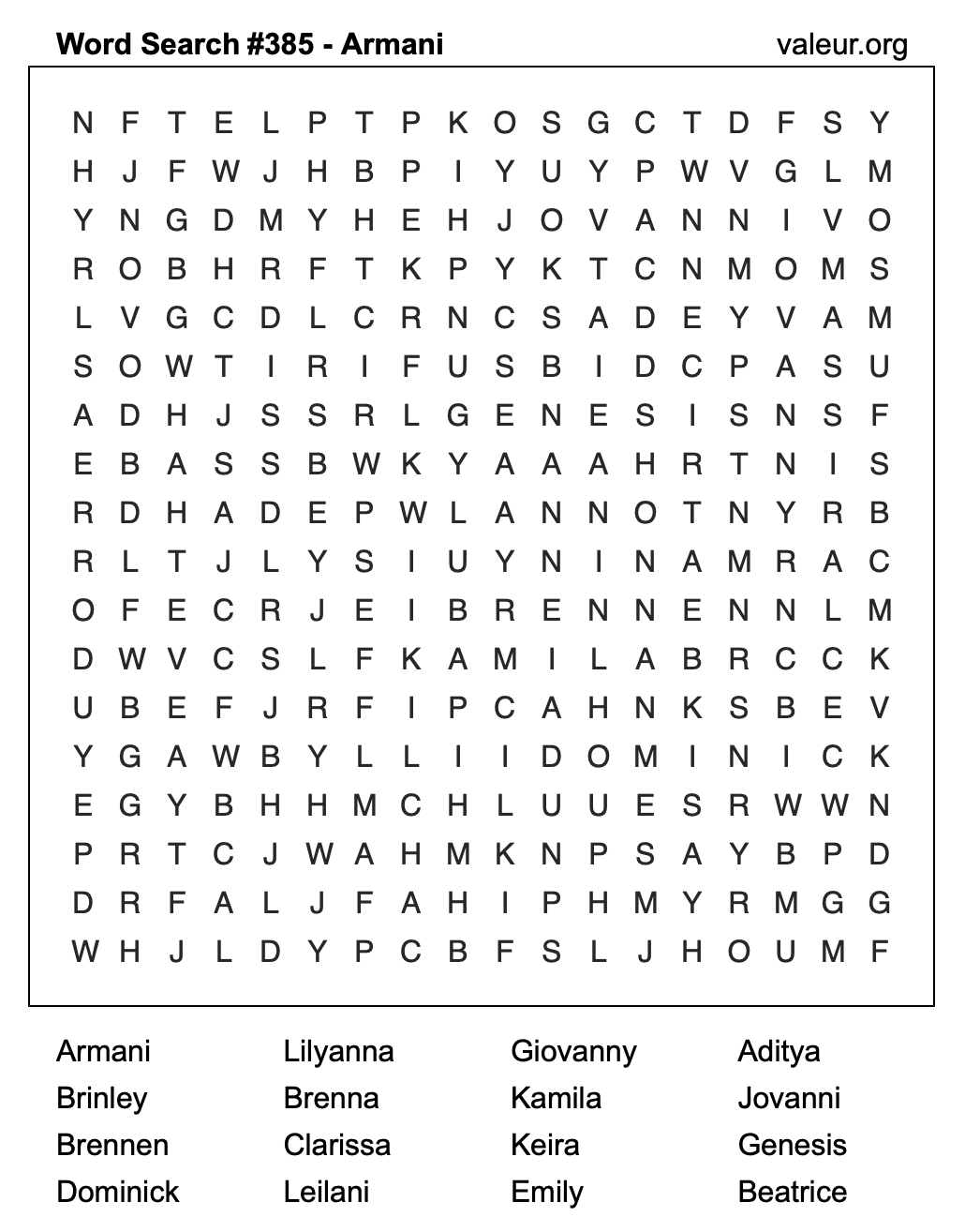 Word Search Puzzle with the name Armani #385 Word Search Puzzle with the name Armani #385