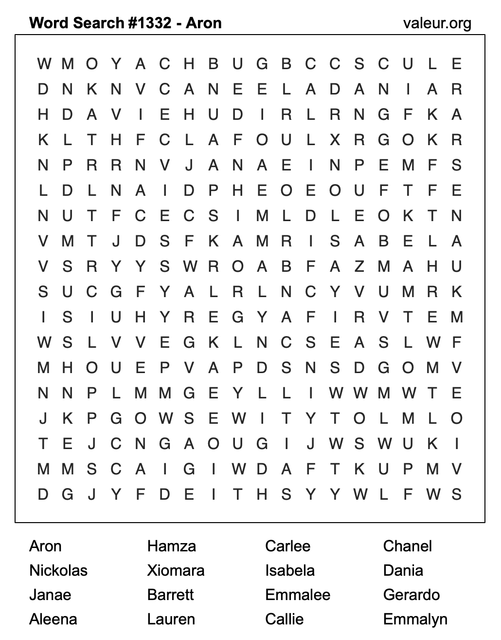 Word Search Puzzle with the name Aron #1332 Word Search Puzzle with the name Aron #1332