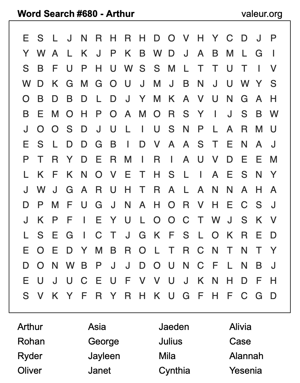 Word Search Puzzle with the name Arthur #680 Word Search Puzzle with the name Arthur #680