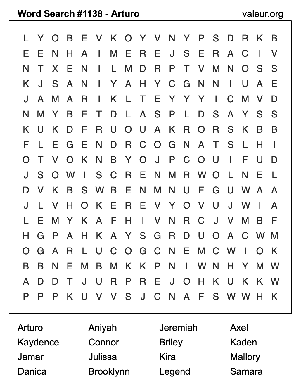 Word Search Puzzle with the name Arturo #1138