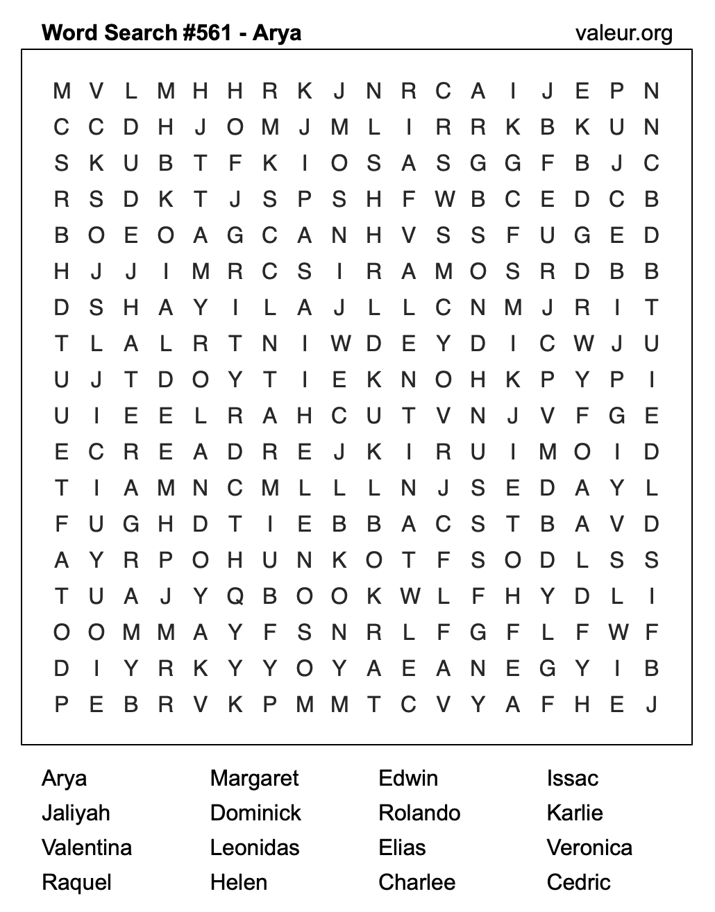 Word Search Puzzle with the name Arya #561