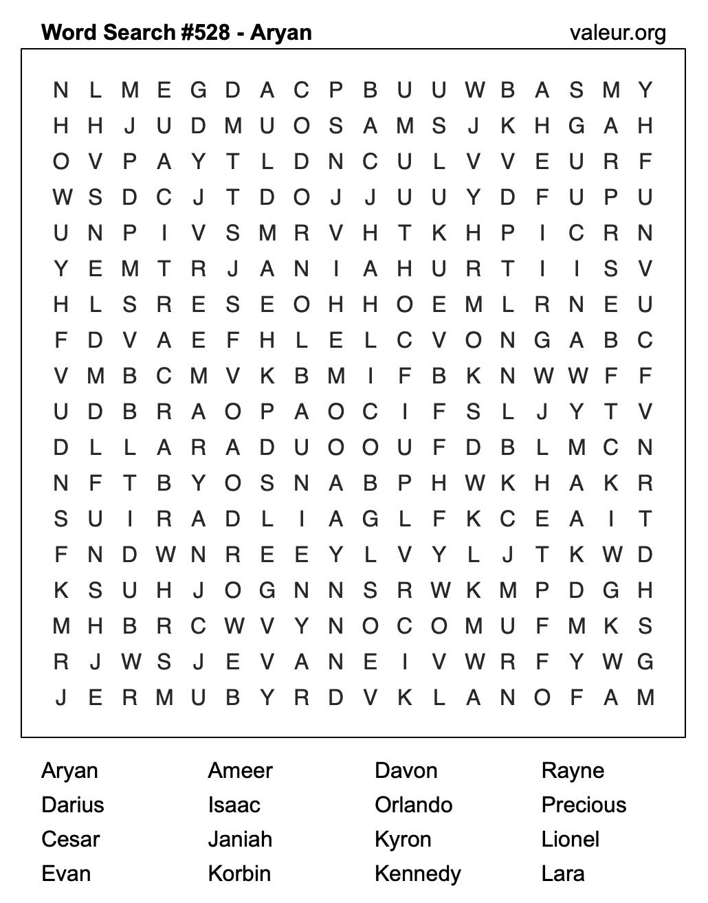 Word Search Puzzle with the name Aryan #528