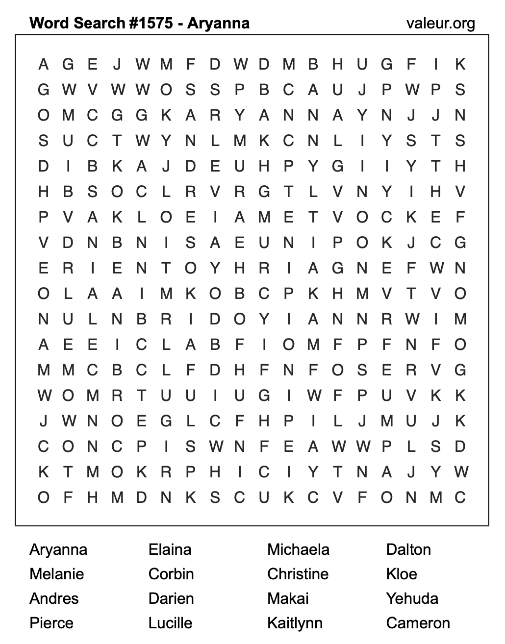 Word Search Puzzle with the name Aryanna #1575 Word Search Puzzle with the name Aryanna #1575