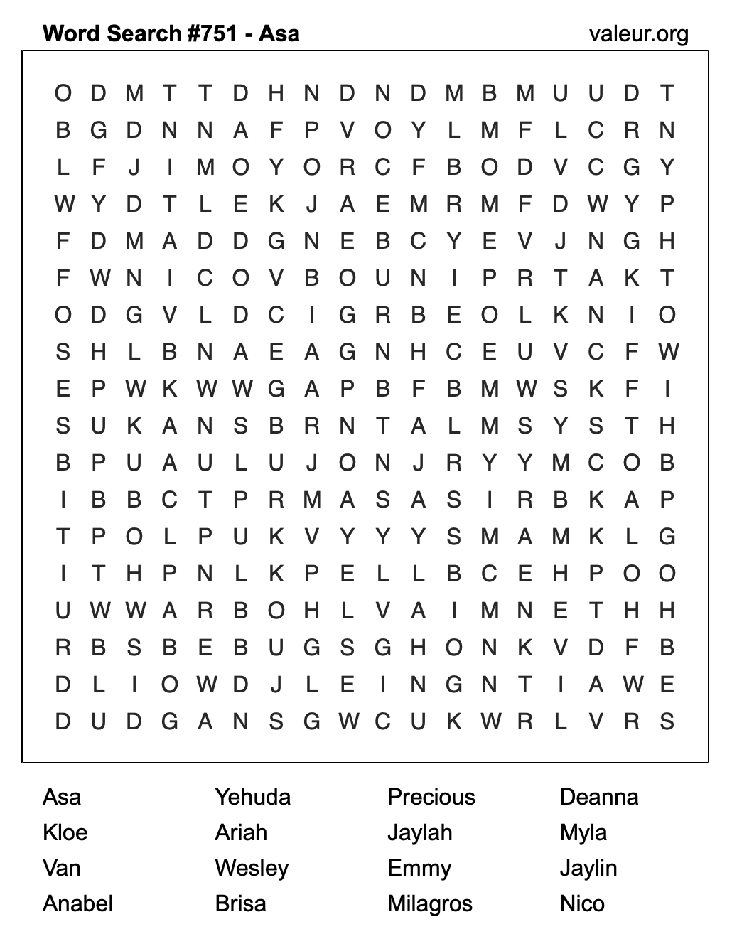Word Search Puzzle with the name Asa #751