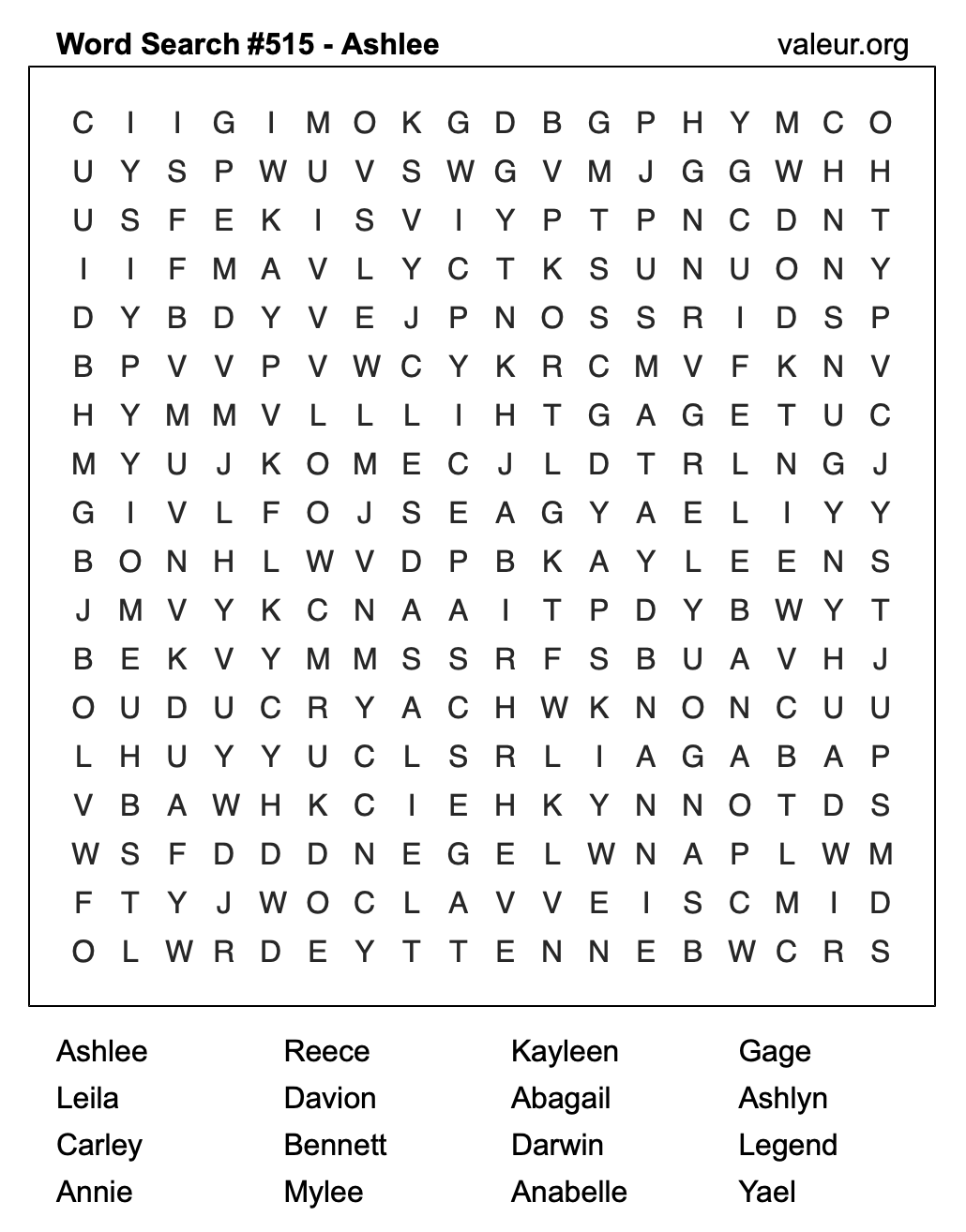 Word Search Puzzle with the name Ashlee #515