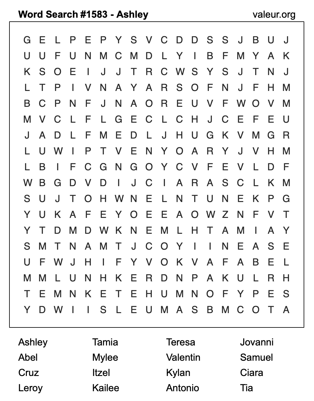 Word Search Puzzle with the name Ashley #1583