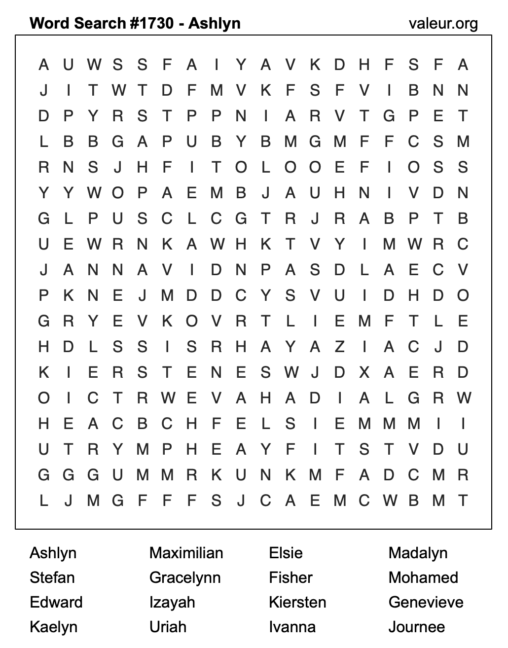 Word Search Puzzle with the name Ashlyn #1730
